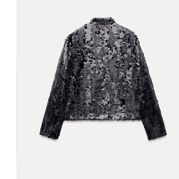 NWOT ZARA All Over Heavy Sequins Bloggers Fave Jacket / Blazer Black Medium Wool - Picture 4 of 12
